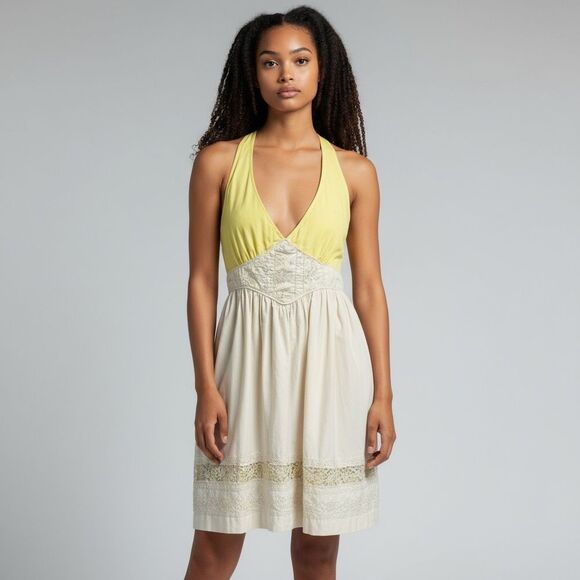 Kimchi Blue Y2K Yellow and Cream Cotton Halter Baby Doll Embroidered Dress, L - Picture 1 of 9